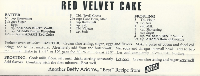 A vintage recipe card for red velvet cake from the Adams company